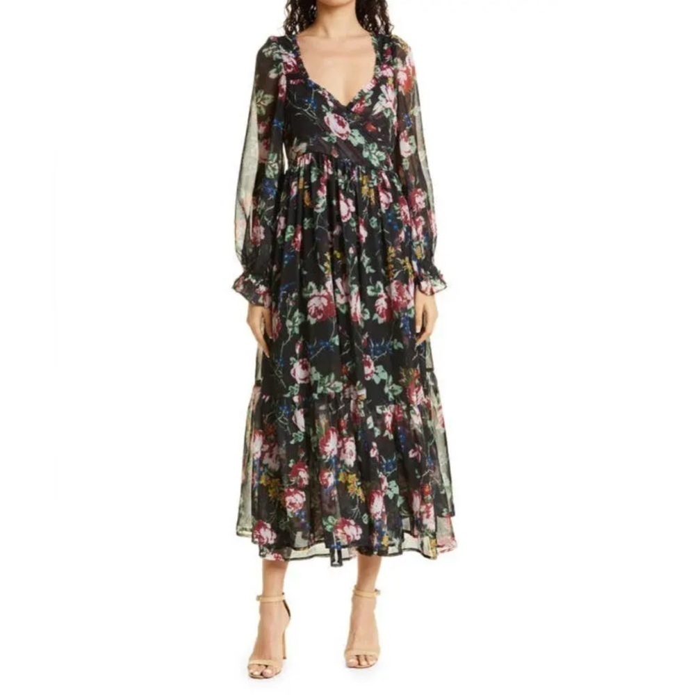ByTiMo floral wrap bodice long sleeve chiffon dress midi puff sleeve